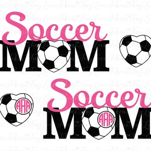 May include: Two black and white designs with the text "Soccer Mom" in pink cursive lettering. The first design features a soccer ball in a heart shape. The second design features a soccer ball in a heart shape with the letters "AAA" in the center.