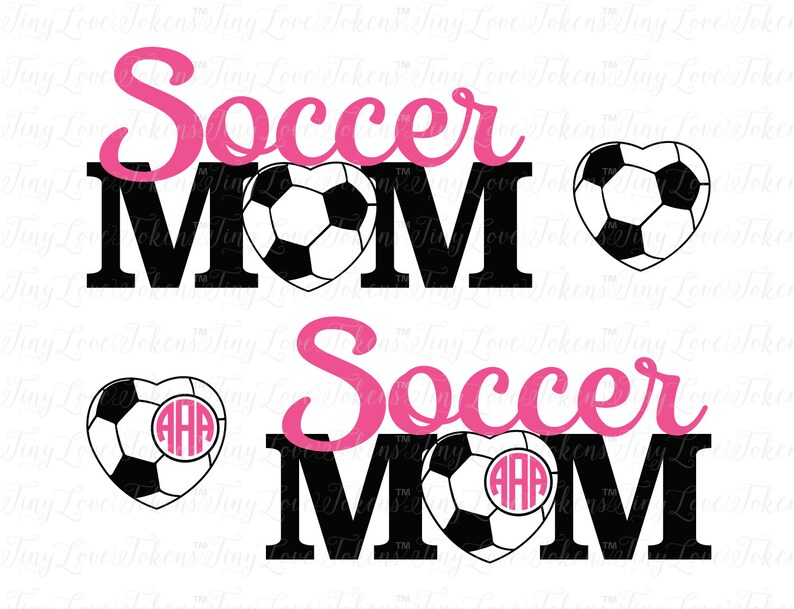 May include: Two black and white designs with the text "Soccer Mom" in pink cursive lettering. The first design features a soccer ball in a heart shape. The second design features a soccer ball in a heart shape with the letters "AAA" in the center.
