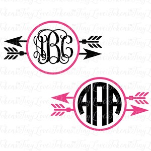 May include: Two black and white monogrammed circles with arrows pointing in opposite directions. The circles are pink. The first circle has the letters "BC" in a script font. The second circle has the letters "AAA" in a script font.
