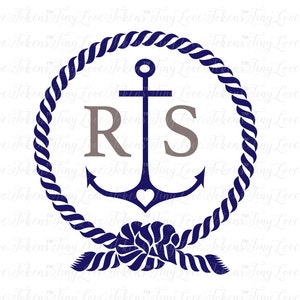 May include: A navy blue anchor with a heart at the base, surrounded by a rope circle and a navy blue bow. The letters "R" and "S" are in gray inside the circle.