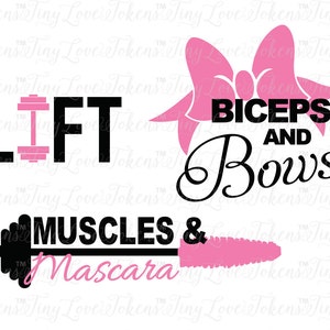 May include: A black and pink graphic design with the text "LIFT", "BICEPS AND BOWS", and "MUSCLES & Mascara".