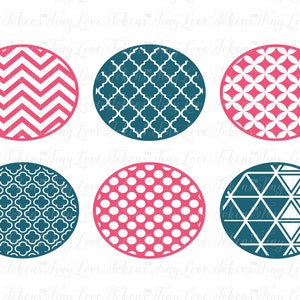 May include: Six round, printable stickers with different geometric patterns. The patterns are in teal and pink. The stickers are perfect for adding a touch of style to your crafts, gifts, or home decor.