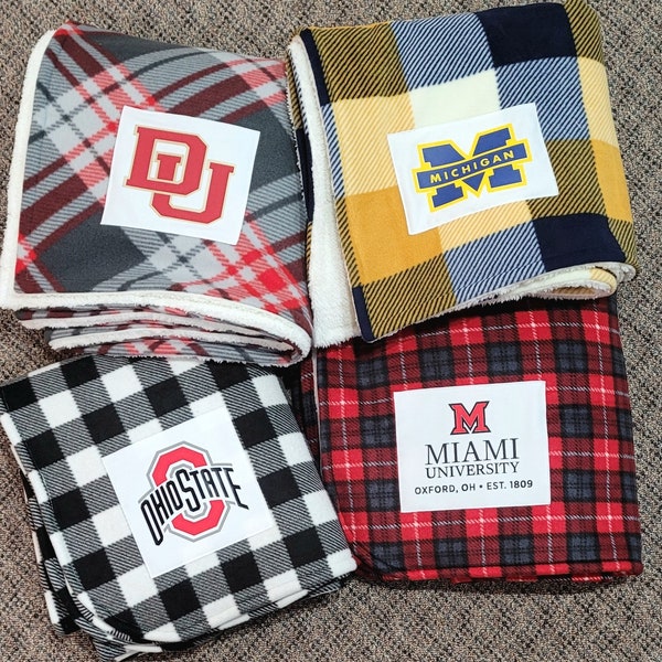 College blanket. Plaid fleece sherpa custom throws. Personalized school blanket