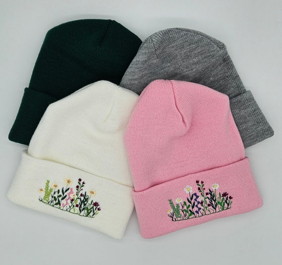 White and Pink Embroidered Beanie Lotus Flower Embroidered Beanie, Flower Beanie Cuffed Cap  main image 4