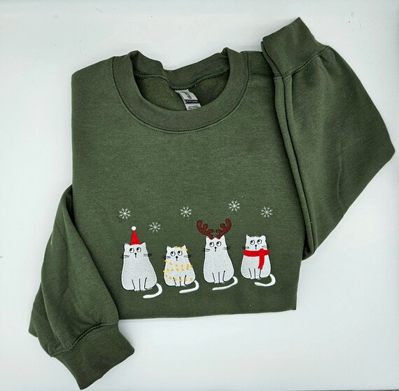 Cute Cat Christmas Sweatshirt, Embroidered Christmas Sweatshirt