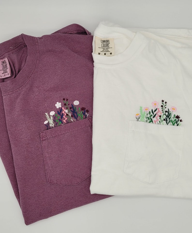 Comfort Colors Floral Pocket T-shirt. Embroidered Wild Flower Pocket ...