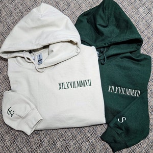 Couple Anniversary Roman Numeral sweatshirt. Personalized date sweatshirt. Initials on sleeve. Engagement,  anniversary gift.