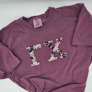 Sorority Greek Letters Comfort Colors T-shirt. Embroidered floral letters. Big Little shirts