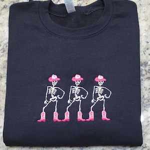 Embroidered Skeleton Cowboy Sweatshirt: Trendy Halloween Crewneck or Hoodie
