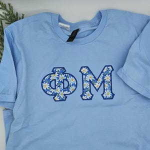 College or greek letter t-shirt. Custom embroidered fabric letters.