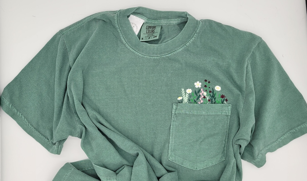 Comfort Colors Floral Pocket T-shirt. Embroidered Wild Flower Pocket ...