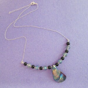 Abalone Shell & Black Onyx Sterling Silver Connector Necklace - Summer Beach Gift - OOAK