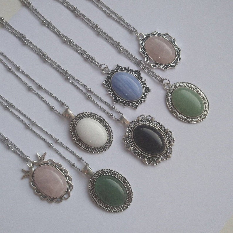 Gemstone Cabochon Necklace - Rose Quartz, Blue Sandstone, White Agate, Green Aventurine 