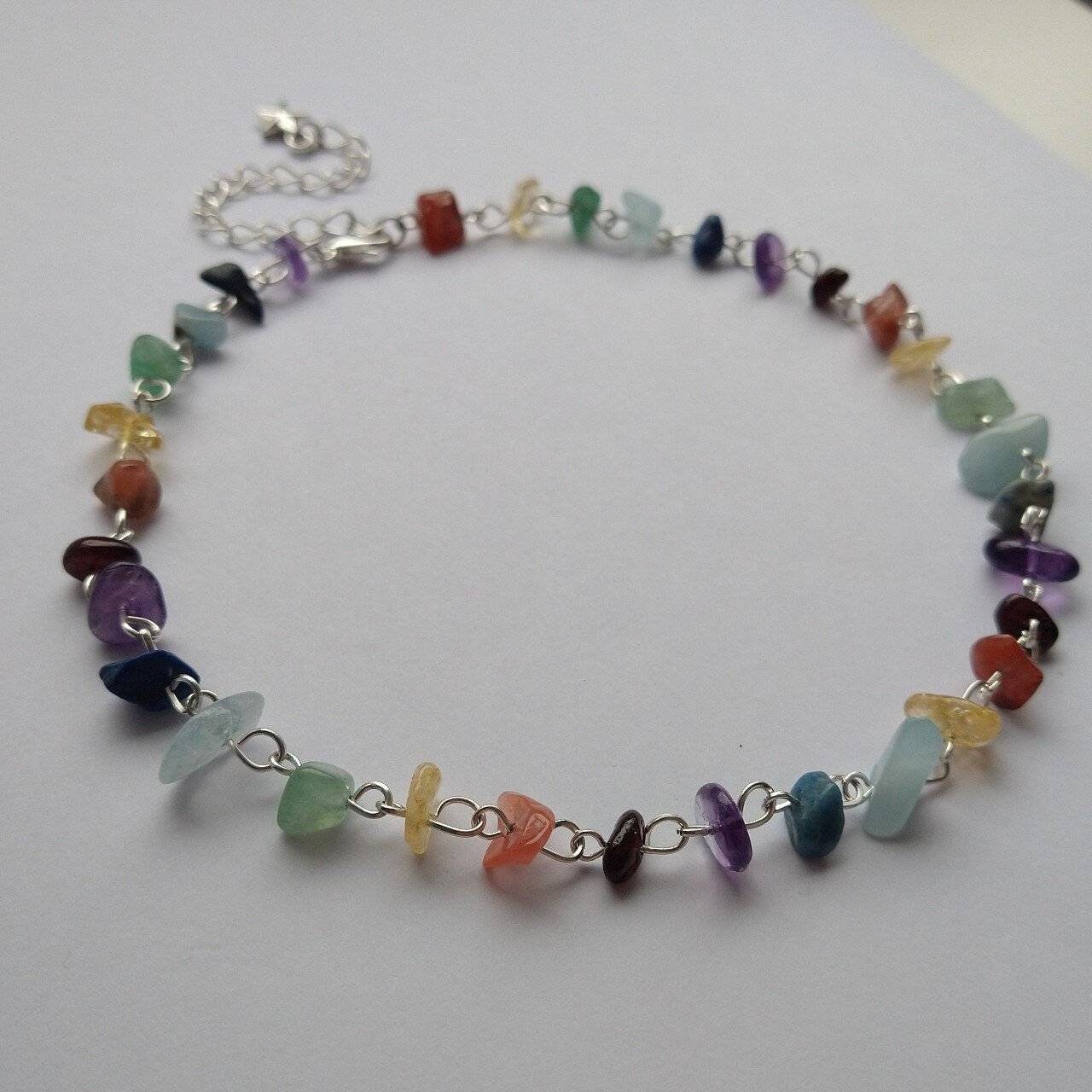 Gemstone chip chakra choker necklace