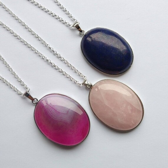 Extra Large Oval Gemstone Necklace Etsy