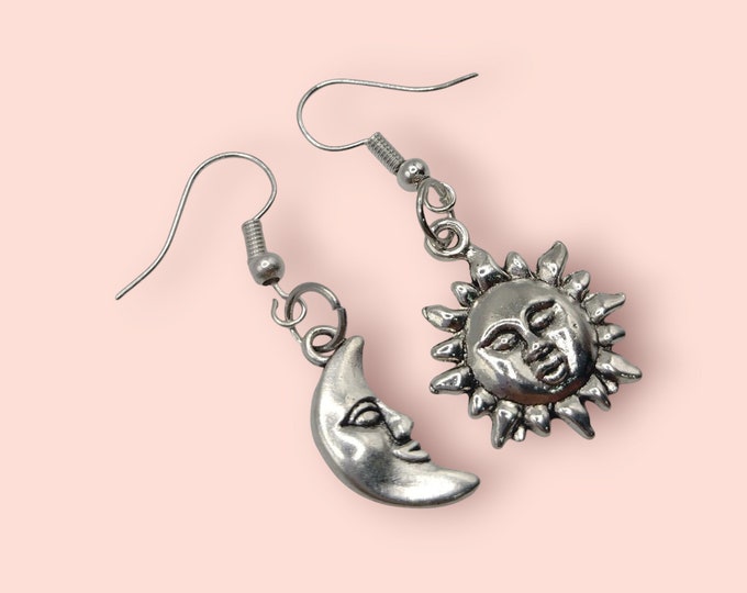 Crescent moon and sun handmade earrings