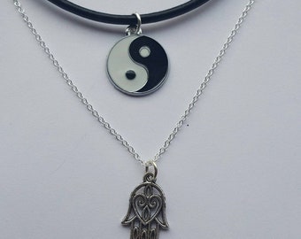 Spiritual Silver Adjustable Length Pendant Necklace Hamsa Yin Yang Indian Spiritual Silver Adjustable Length Pendant Necklace Hamsa Yin Yang Indian