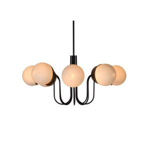 BISTRO designer chandelier - Black and gold metal - 8 Opaline White Globes suspension - Parisian brasserie style - Art deco - Bistromania