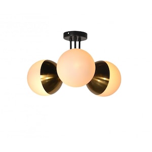 BISTRO Ceiling Light - Black and Gold Metal - 3 Opal White Globes Pendant - Parisian Brasserie Style - Art Deco - Bistromania