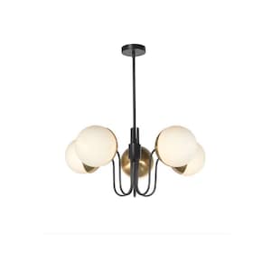 BISTRO designer chandelier - Black and gold metal - 5 Opaline White Globes suspension - Parisian brasserie style - Art deco - Bistromania