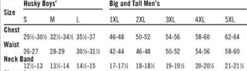 levis husky size chart