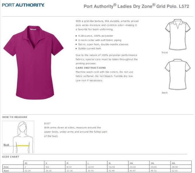 Port Authority Polo Shirts Size Chart