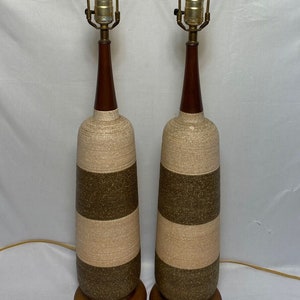 Vintage Pair of Mid Century Ceramic & Wood Table Lamps Textured 35.5"H Pink