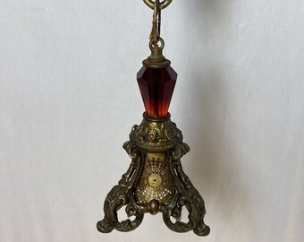 Vintage Hollywood Regency Handmade Ruby Glass Brass Pendant Light Pierced Shade