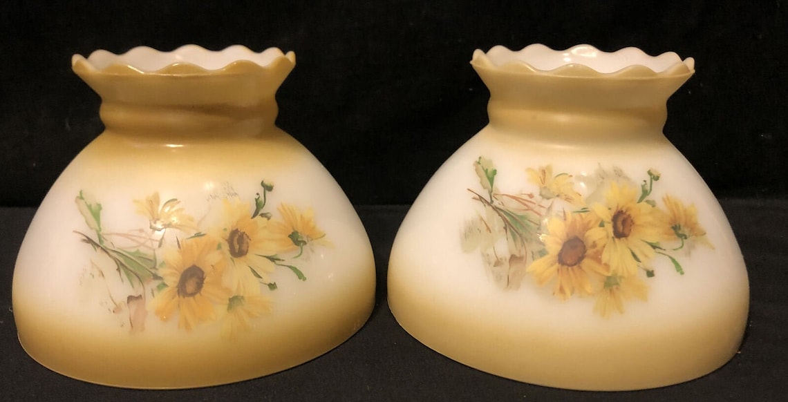 SET Of 2 Vintage Milk Glass Hurricane Lamp Shade Yellow Floral Etsy