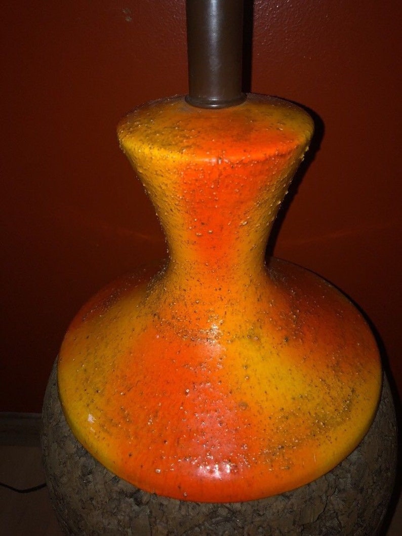 Vintage 1970s Cork Wood Orange Ceramic Lamp RETRO Amazing Giant Bulbous