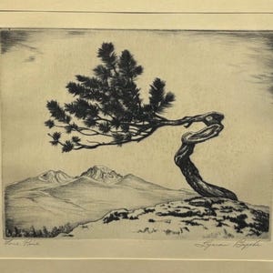 May include: A black and white etching on paper depicting a windswept pine tree growing on a rocky outcrop overlooking a mountain range. The title Lone Pine is written in the bottom left corner and the artist signature Lyman Byxbe is on the right.