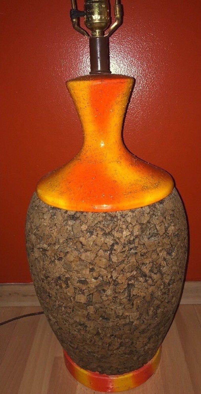 Vintage 1970s Cork Wood Orange Ceramic Lamp RETRO Amazing Giant Bulbous