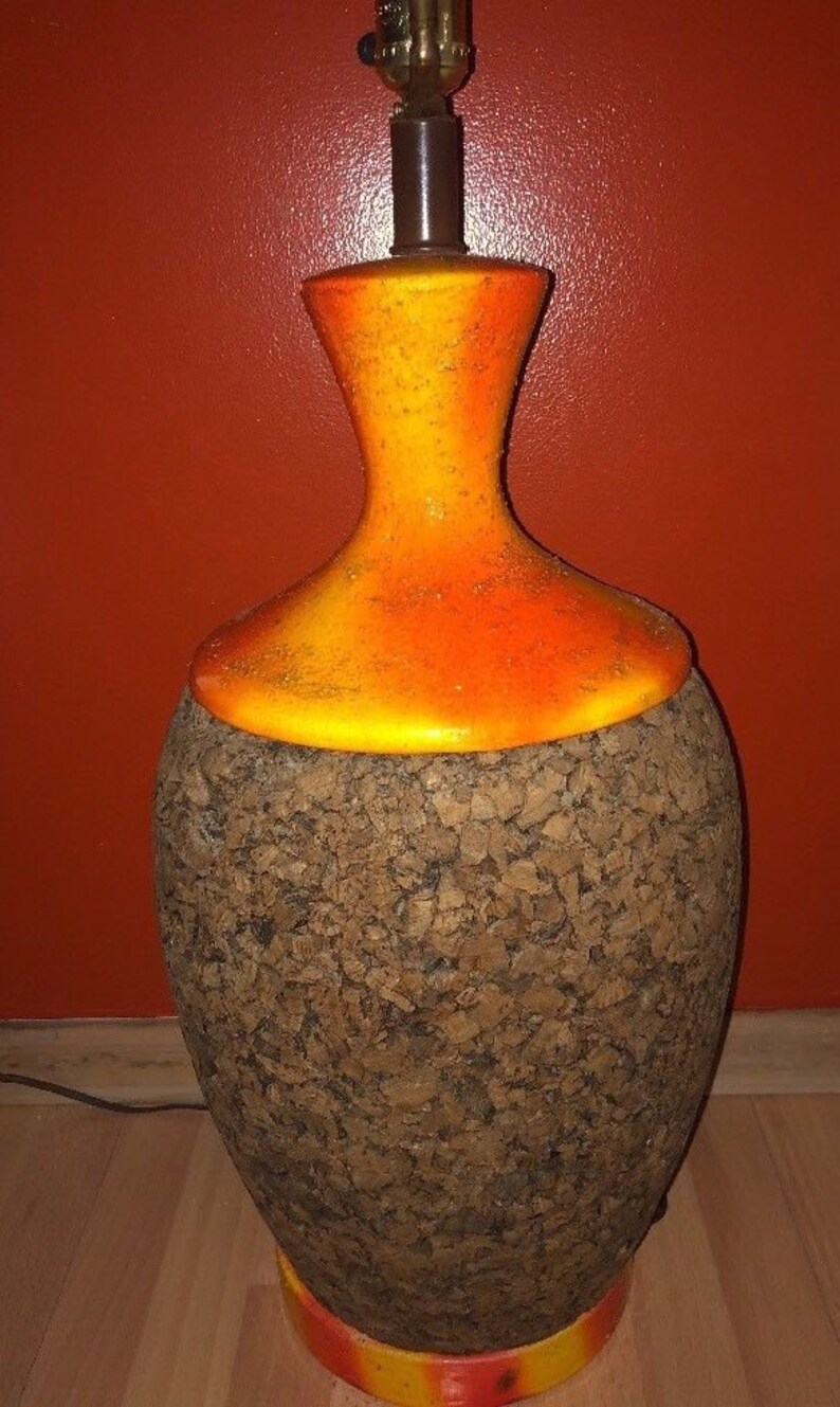 Vintage 1970s Cork Wood Orange Ceramic Lamp RETRO Amazing Giant Bulbous