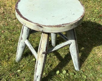 Vintage Primitive Style Milking Stool Plant Stand Footstool Mint Blue Robins Egg