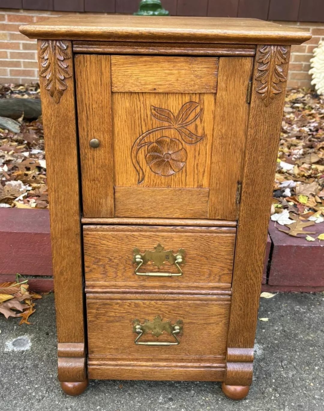 Antique Oak Nightstand 2 Drawer Bedside Cabinet Table Carved Flower 29h ...