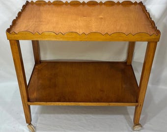 Vintage Mid Century Solid Wood Teak Bar Cart Tea Trolley Side Table w/ Casters