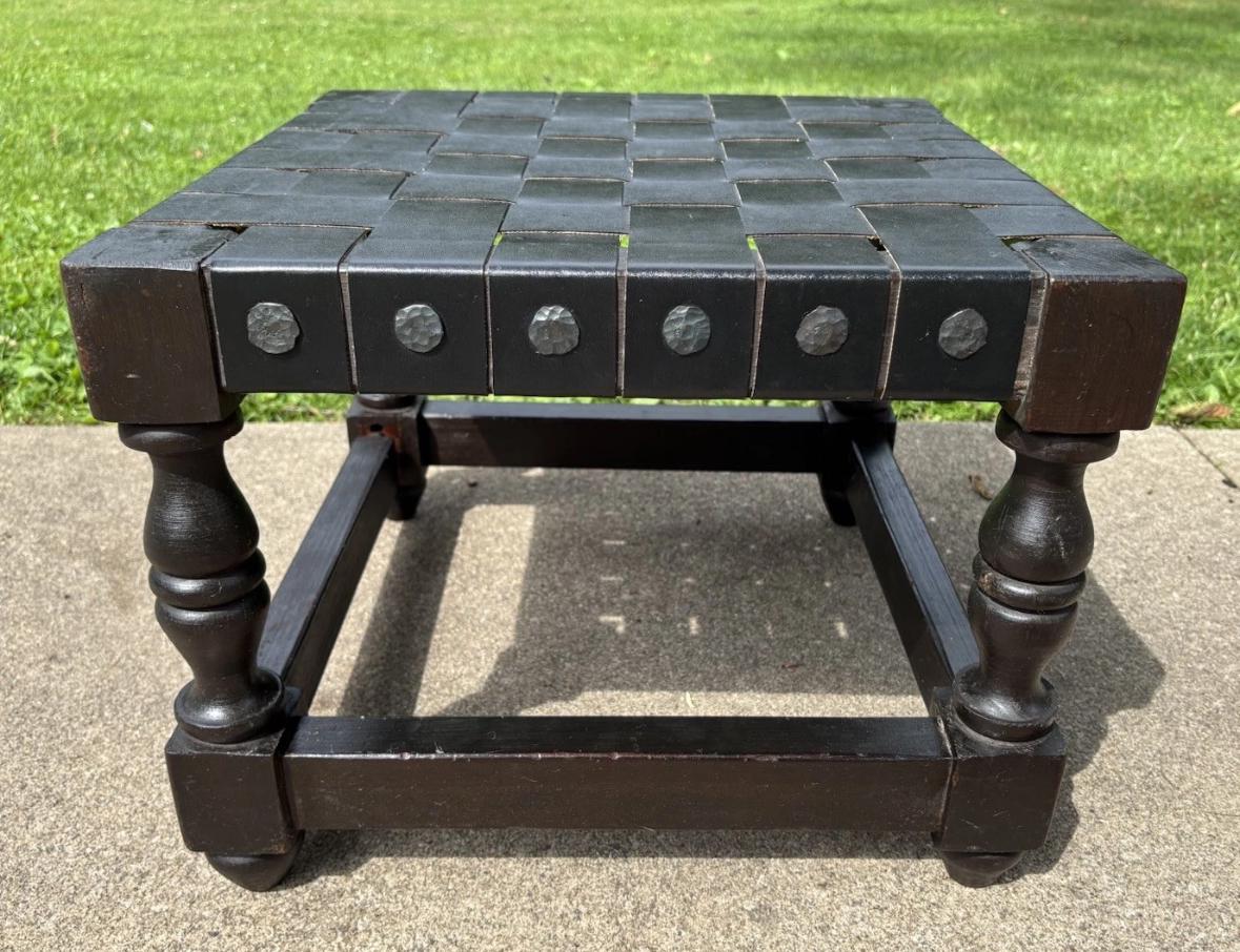Vintage Mid Century Spanish Revival Solid Wood Foot Stool Woven Leather Gothic