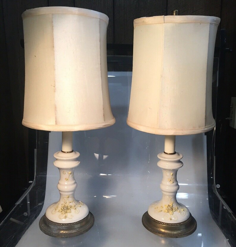 2 Vintage Antique Porcelain Table Lamps Applied Plaster Flowers Brass Base