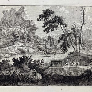 May include: Black and white landscape etching depicting a classical scene with figures carrying a sarcophagus. The artwork features a mountainous backdrop, a river, and trees, with detailed shading and fine lines.