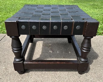 Vintage Mid Century Spanish Revival Solid Wood Foot Stool Woven Leather Gothic