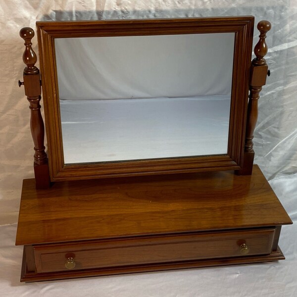 Vintage Regency Style Wood Table Dresser Top Shaving Vanity Mirror Single Drawer