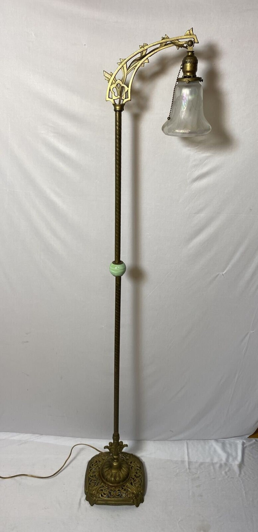 Antique Art Deco Gilt Iron & Brass Bridge Floor Lamp Jadeite Glass Iridescent Etched Shade