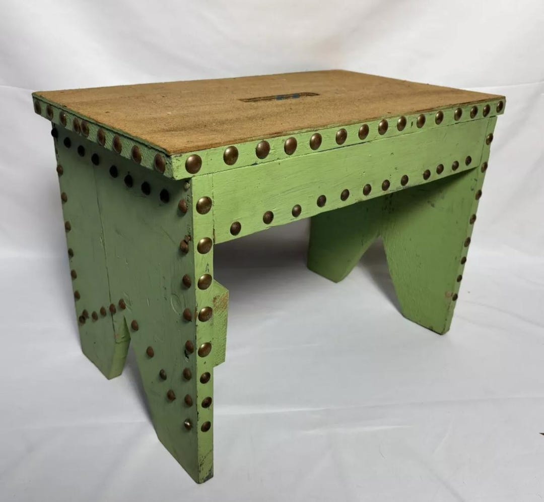 Antique Primitive Green Painted Wood Foot Stool Studded Folk Art 19 ...