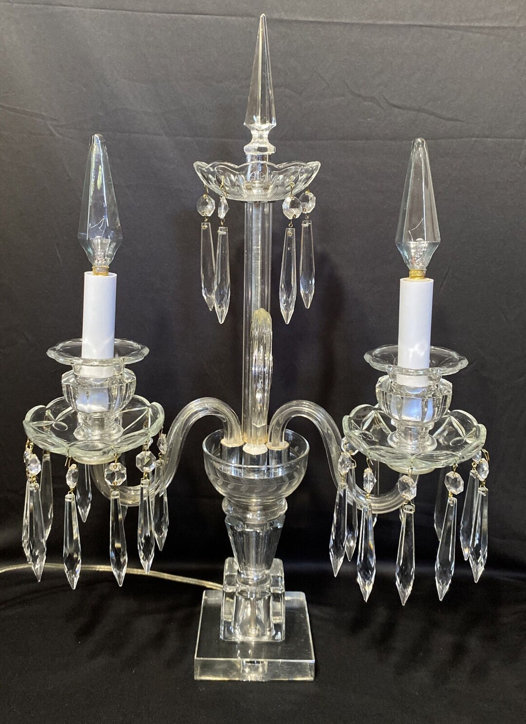 Vintage Crystal Glass Candelabra Table Lamp Hanging Prisms 2 Etsy