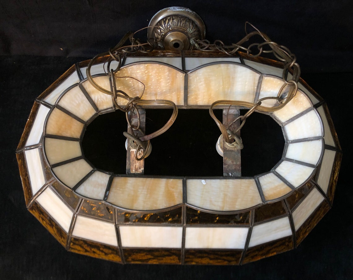 Vintage Retro Leaded Stained Glass Hanging Pool Table Light Etsy