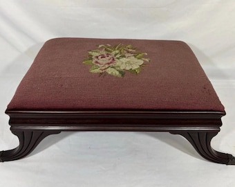 Old Vintage Solid Mahogany Footstool Floral Needlepoint Upholstered Paw Feet