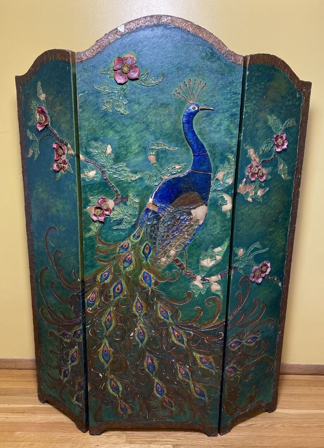 Antique Room Screen Divider Hand Painted Carved Wood Peacock Gilt Gesso