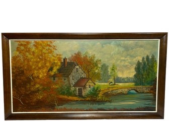 Vintage Carlo of Hollywood Landscape Painting Signed Solid Wood Frame 52"x28"