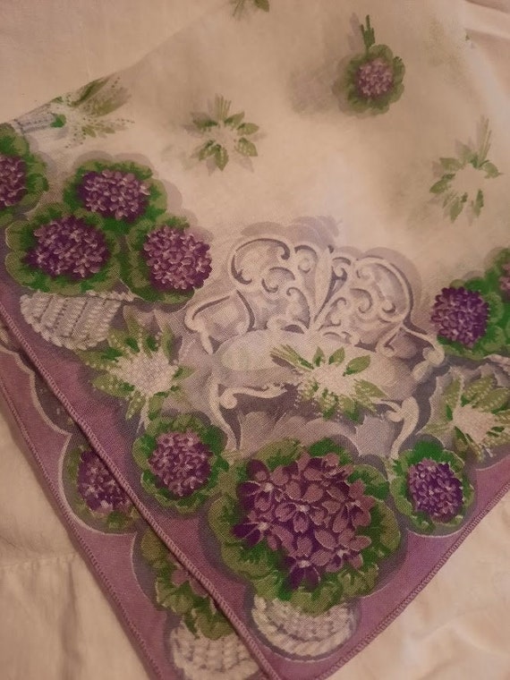 Vintage Handkerchief, Hankie, Purple Hydrangea Flo