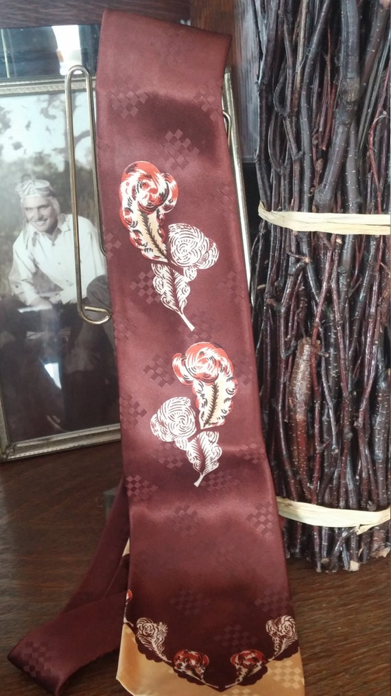 Mid Century Satin Tie Feather Design 40's 50's Dan